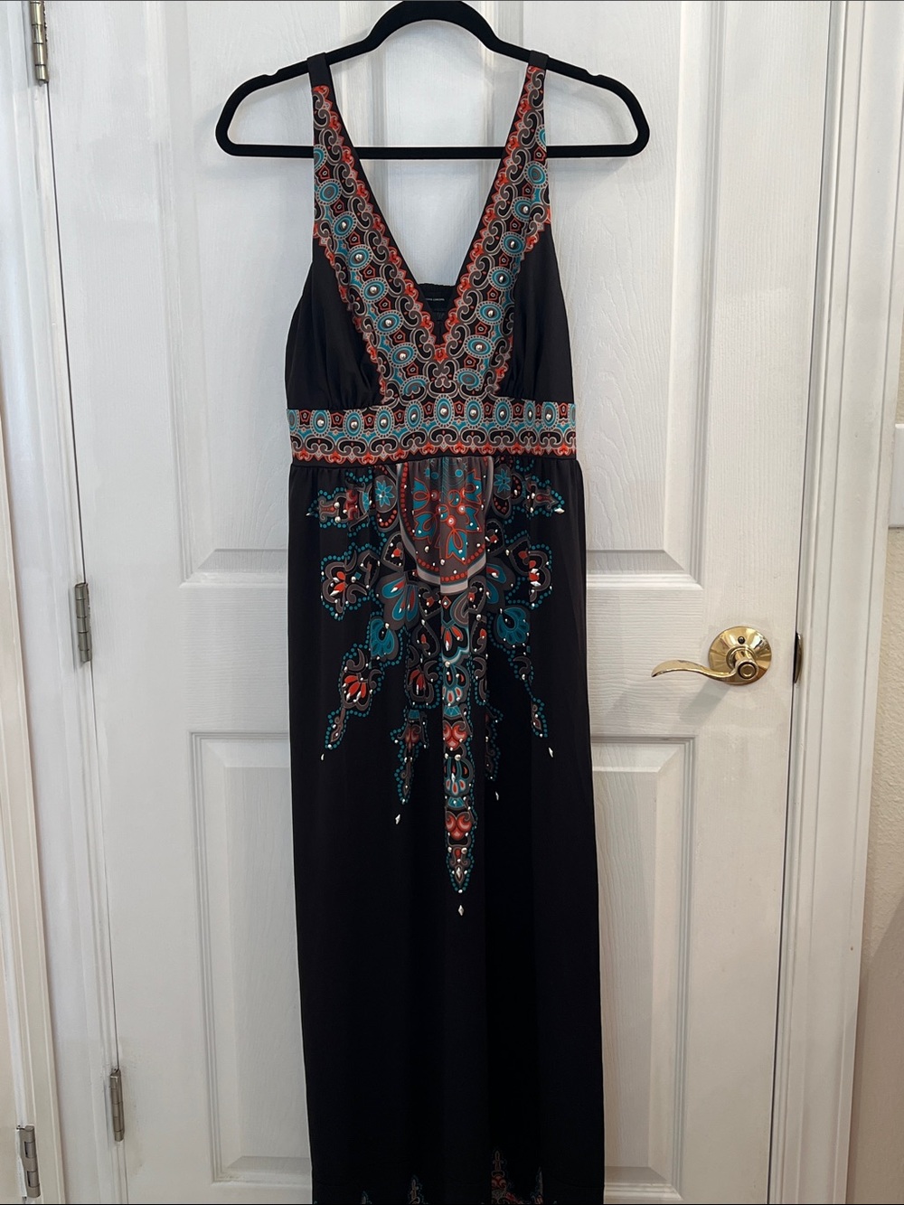 INC International Concepts Black Maxi Dress with Teal & Coral Embroidery